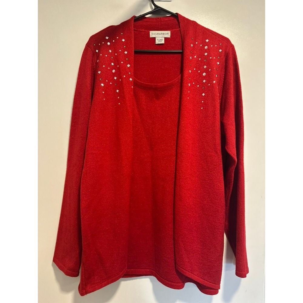 Sag Harbor Holiday Festive Studded shimmer glitter Cardigan Sz:XL Red Knit